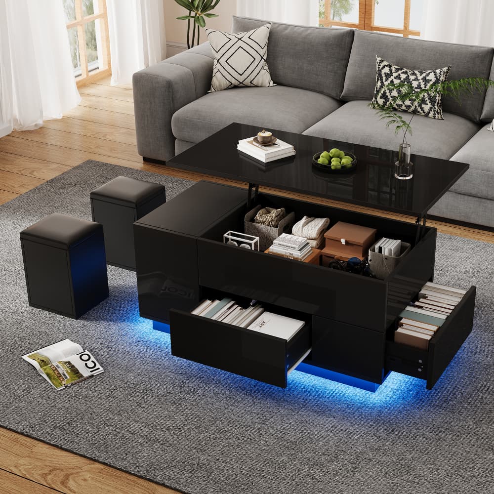 Mesa de centro elevable con LED madera aglomerada negro 45x100x50cm