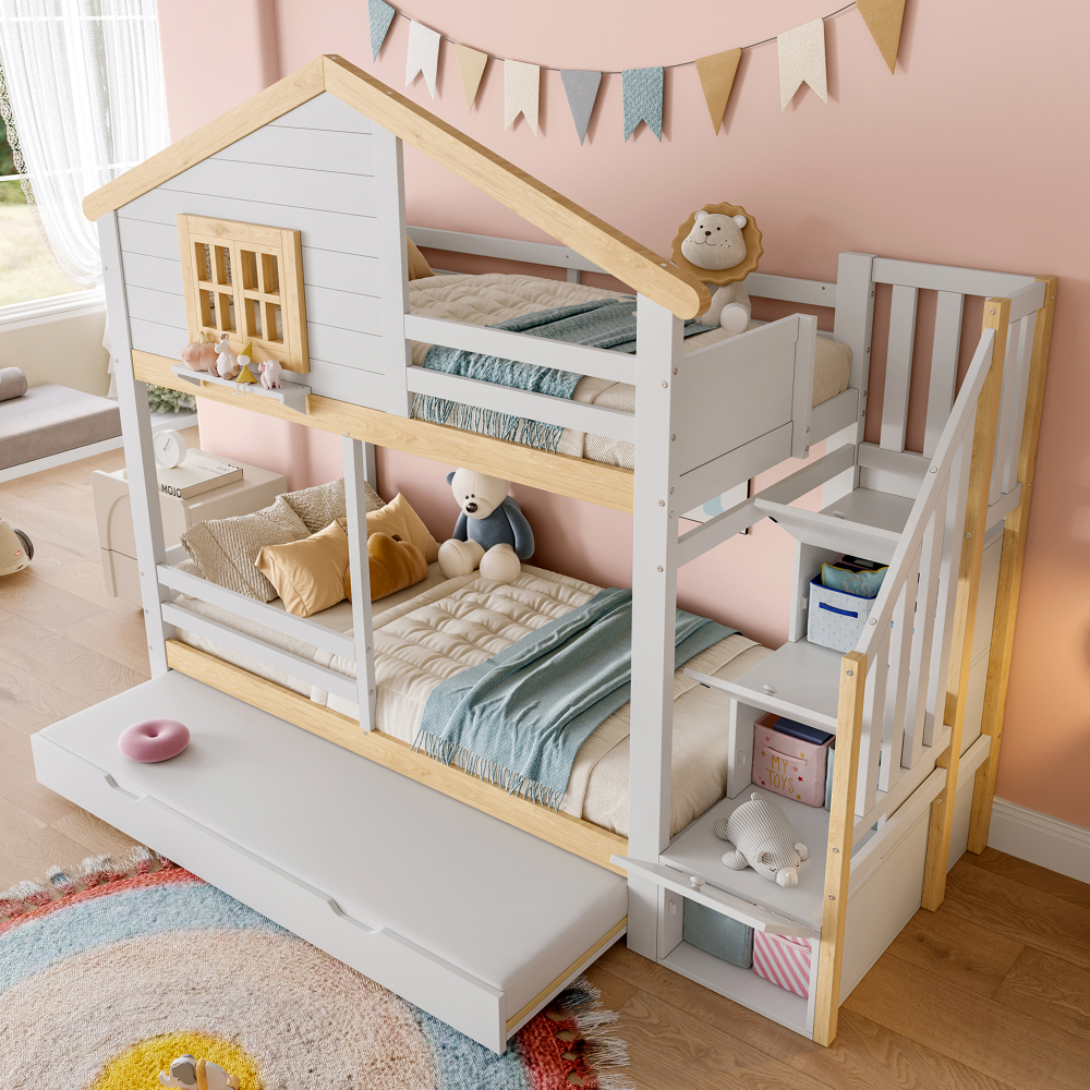 Litera 90x200cm con cama nido y almacenaje pino y mdf – blanco y natural
