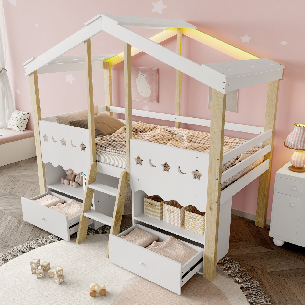 Litera 90x200cm con LED, 2 cajones y estantes pino – blanco y natural