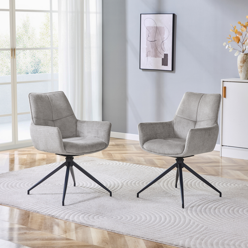 Silla de comedor giratoria de tela gris con patas de metal negro set de 2