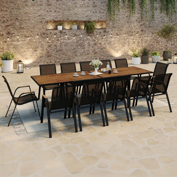 Conjunto de jardín extensible - 12 sillas negras 135/270 cm