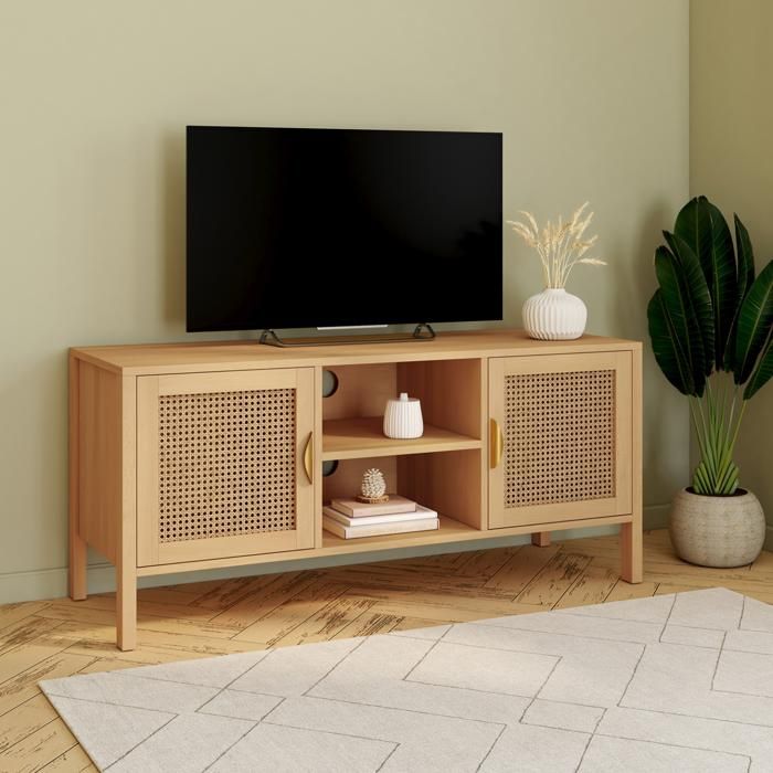 Mueble de tv bohemio chic de rejilla de ratán y madera dorada - 110 cm