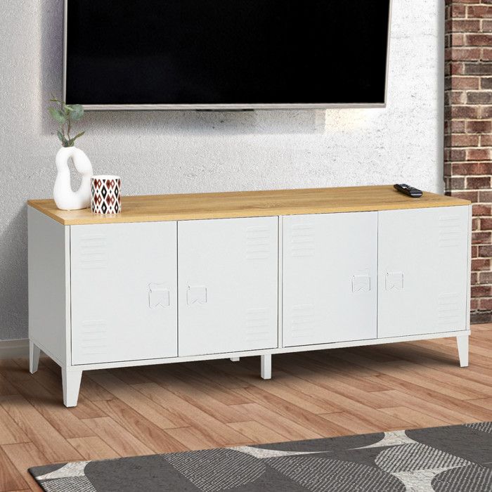 Aparador bajo industrial blanco de metal y madera 140 cm
