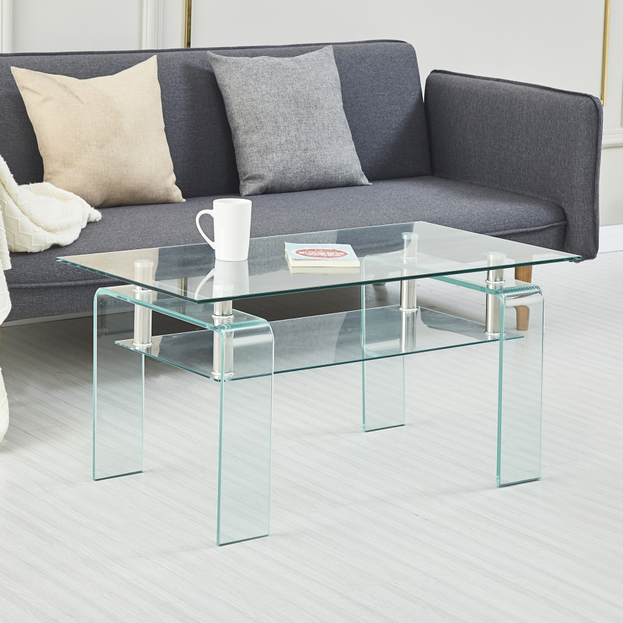 Mesa de centro de cristal templado de dos niveles transparente 45x100x55cm