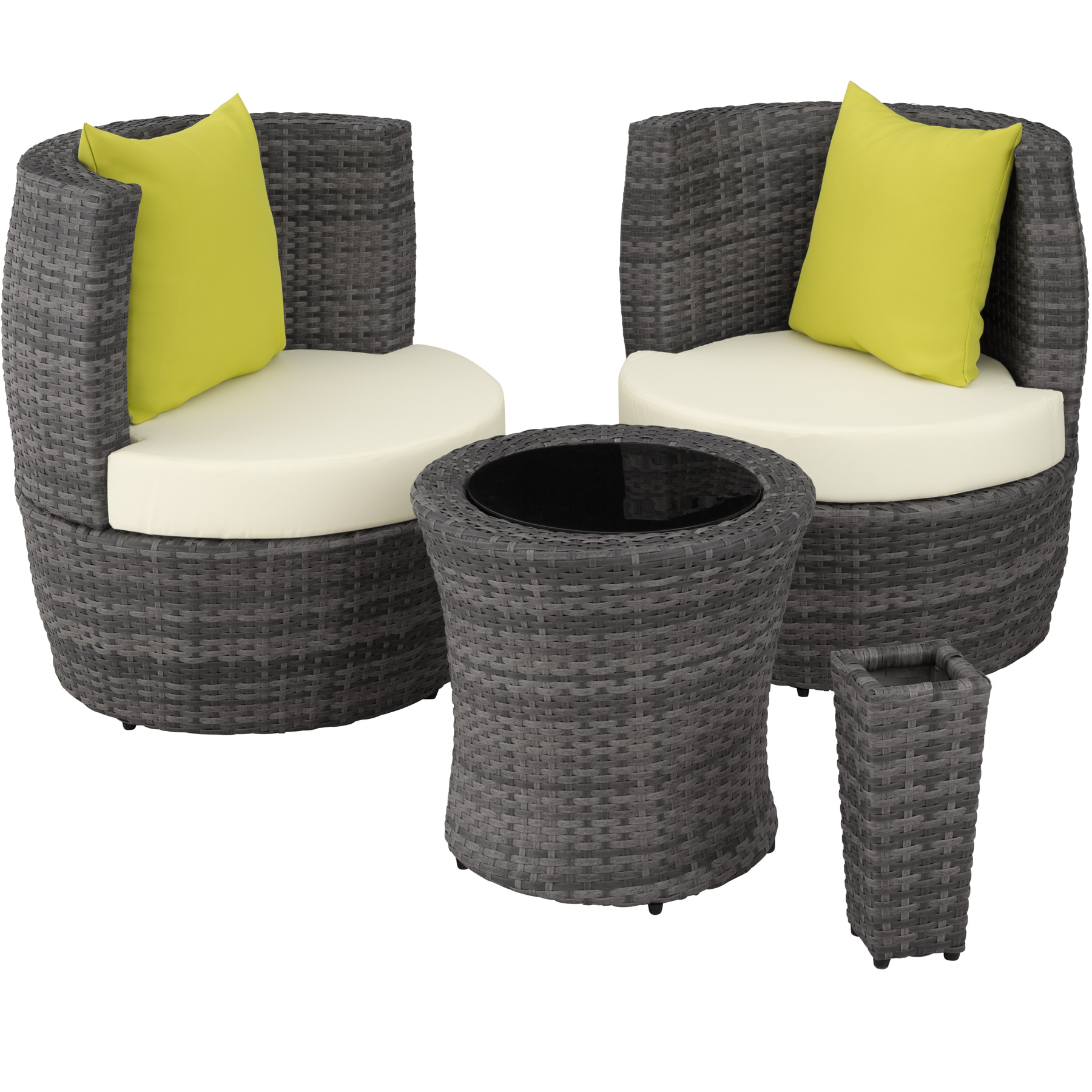 Conjunto de ratán y aluminio, 2 sillones, 1 mesa, 1 florero, gris