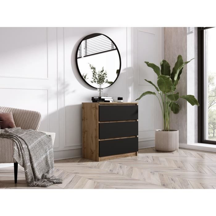 Cómoda - mueble de dormitorio - roble wotan y negro - 3 cajones - 70cm x 39