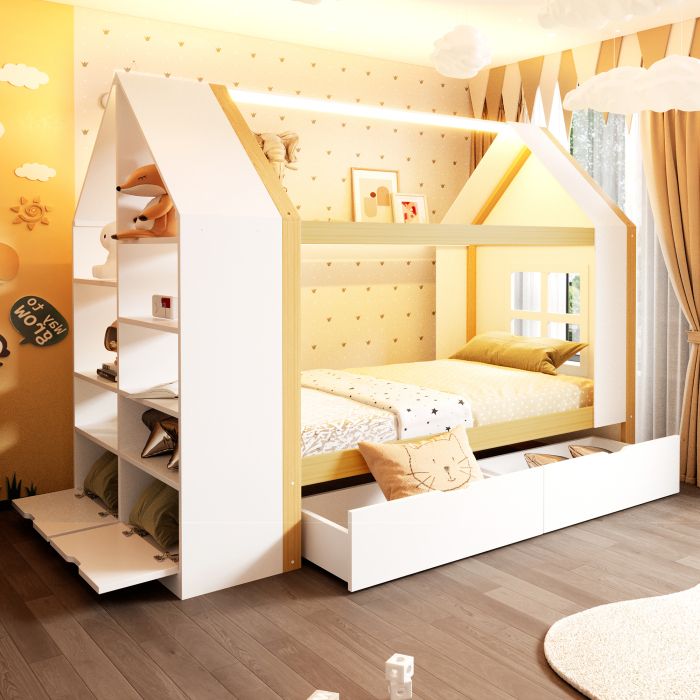 Cama 90x200cm con almacenaje y luz madera maciza color natural y blanco
