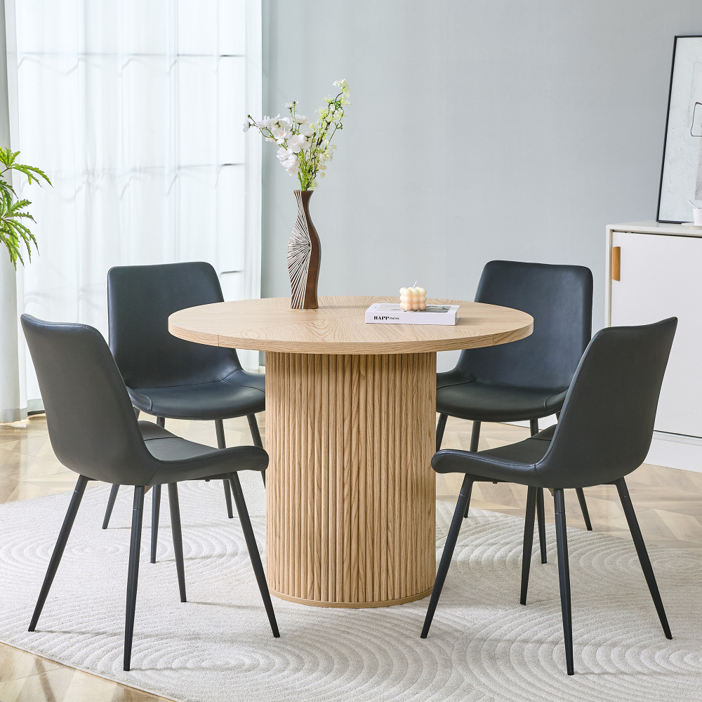 Mesa de comedor redonda con 4 sillas madera natural y negro 76x100x100cm