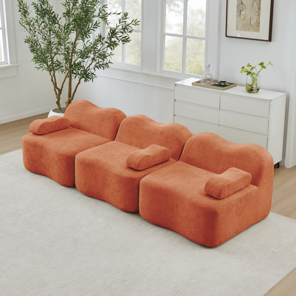 Sofá modular 3 plazas terciopelo naranja asiento profundo reposabrazos
