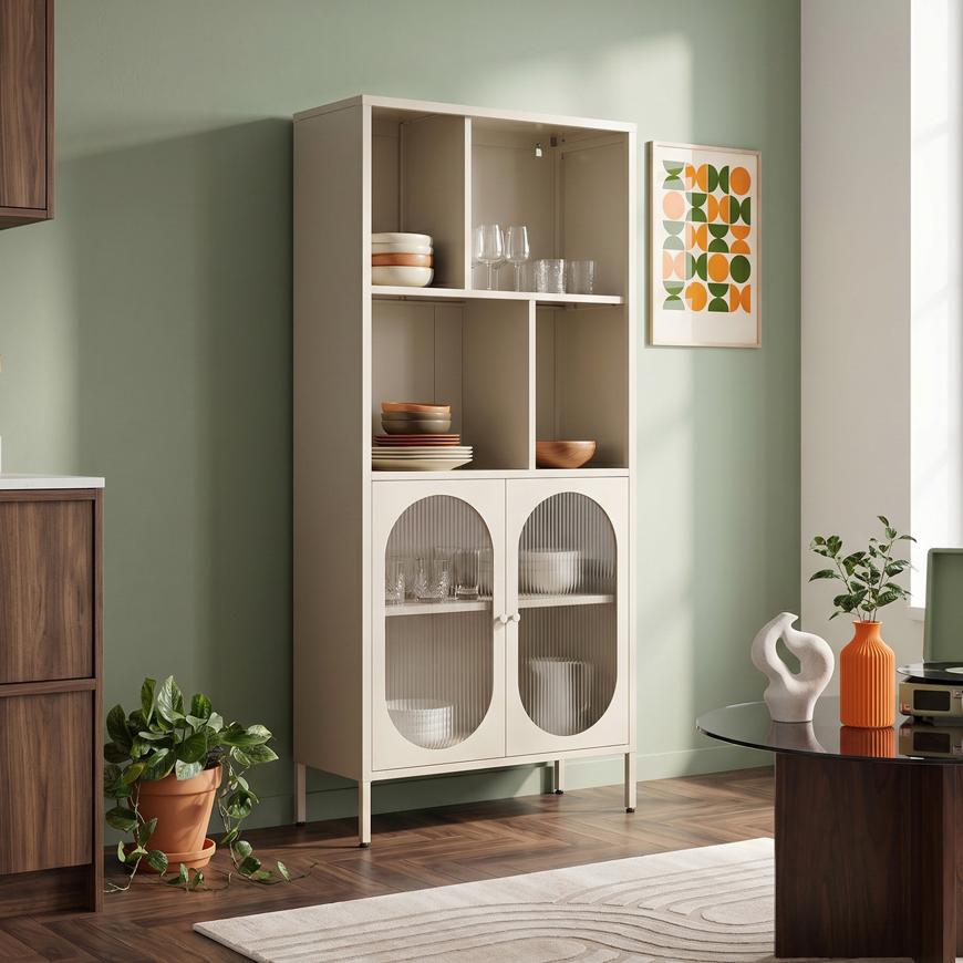 Librería industrial milie 180 cm 2 puertas 4 cajones beige cristal
