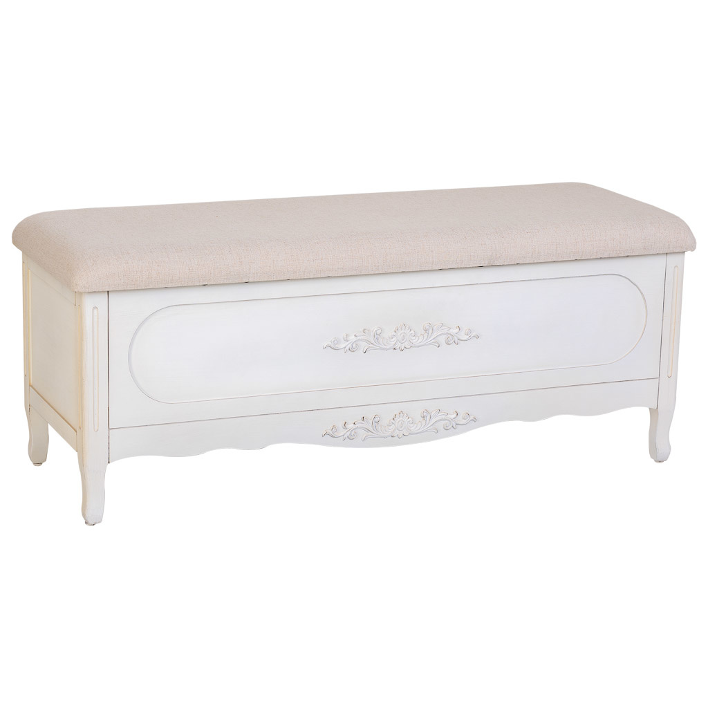 Banqueta de madera lacada blanco envejecido y acolchada 120x43x48h cm