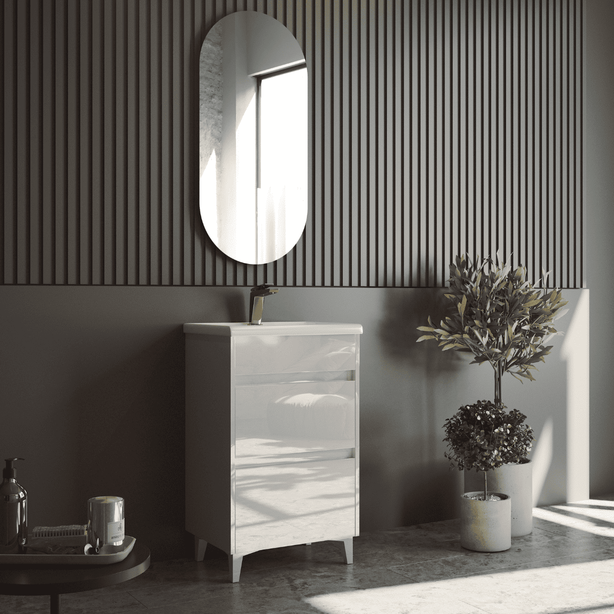 Mueble a suelo lavabo fondo reducido | 2 cajones | 70 cm blanco brillo