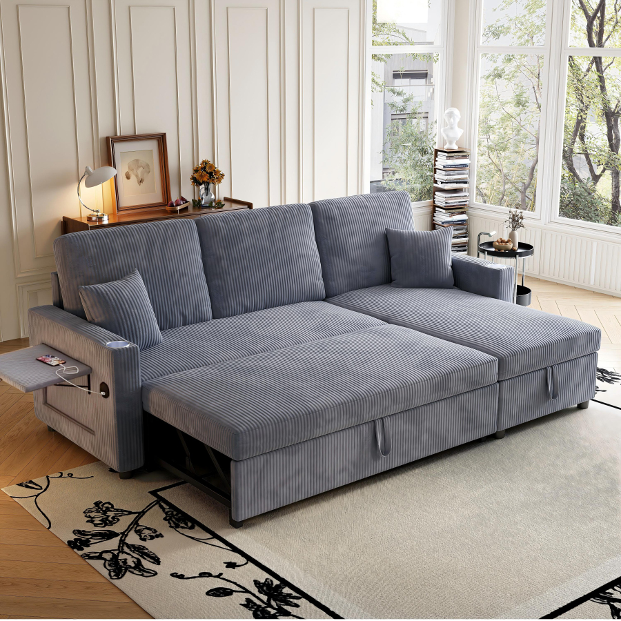 Sofá cama en l modular pana gris con chaise longue y usb