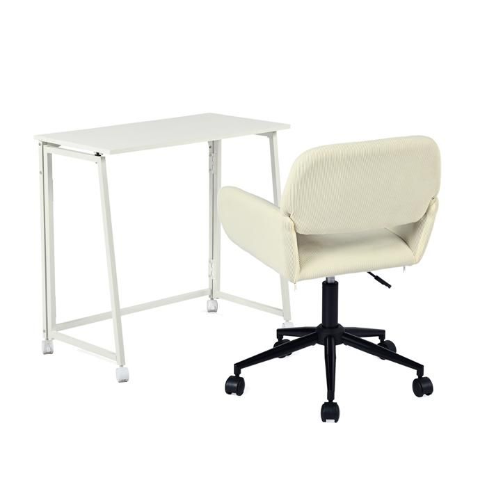 Conjunto escritorio plegable - silla de tela beige - ruedas