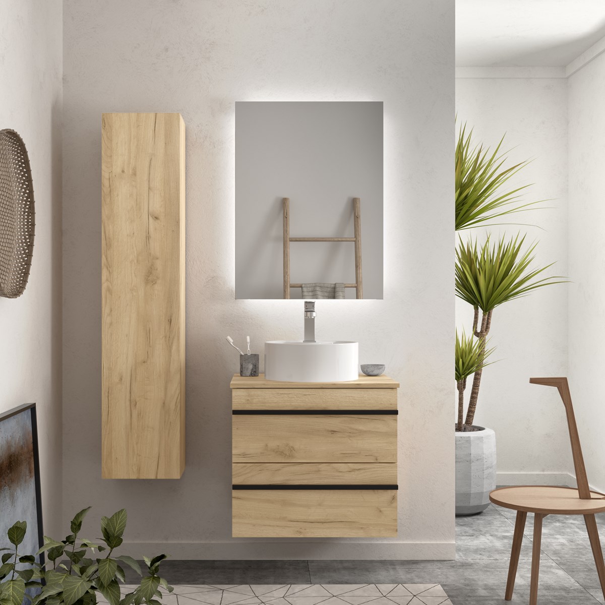 Mueble baño serie born 60 cm roble con tirador | lavabo +encimera
