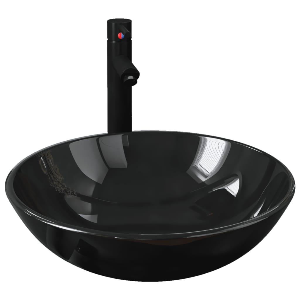 vidaXL lavabo de baño grifo y desagüe de empuje vidrio templado negro