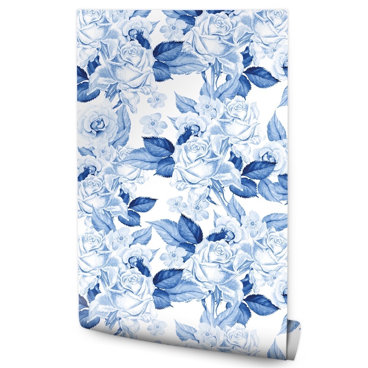 Papel Pintado Rosas Flores Hojas Azul Para El Salón No Tejido 53cm x 10m