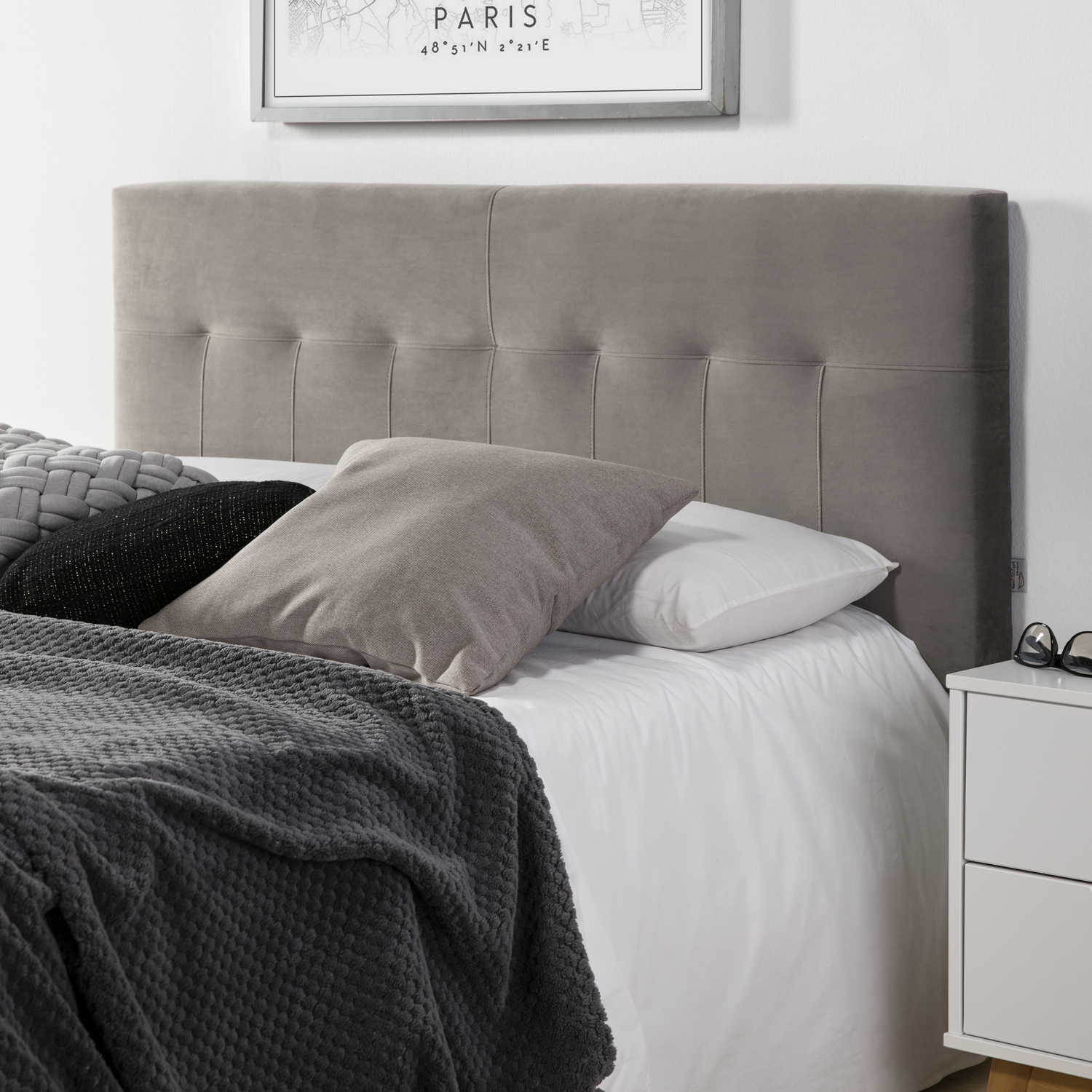 Cabecero tapizado nápoles 140x100 cm gris, para cama 135, terciopelo