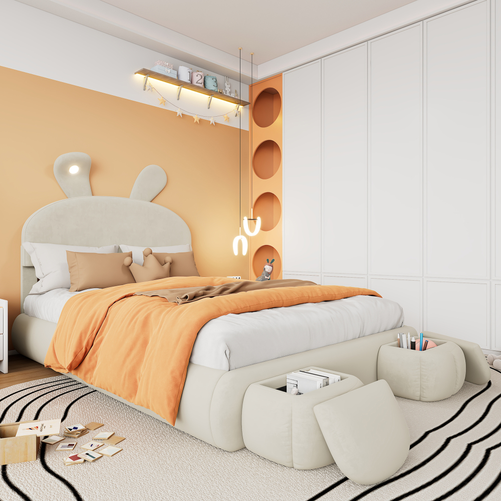 Cama doble 140x200cm con canapé, LED y baúles pie de cama, terciopelo beige