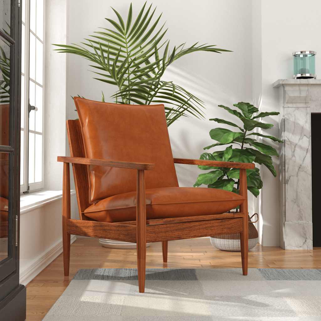 Sillón de cuero auténtico marrón con madera de acacia qweo1156