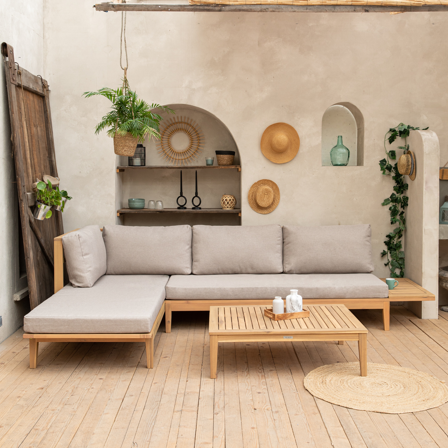 Conjunto de jardín de acacia pangkor 4 plazas cojines arena
