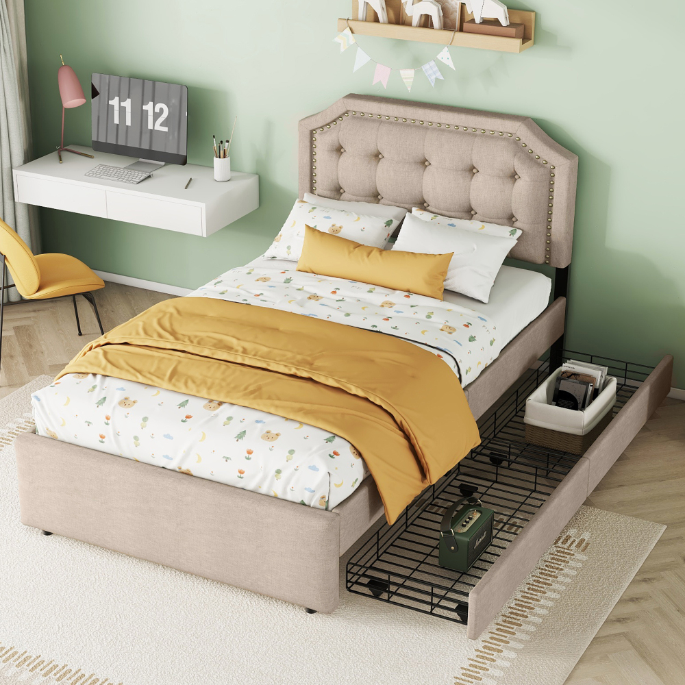 Cama individual 90x200cm con cajones y cabecero ajustable lino beige+marrón