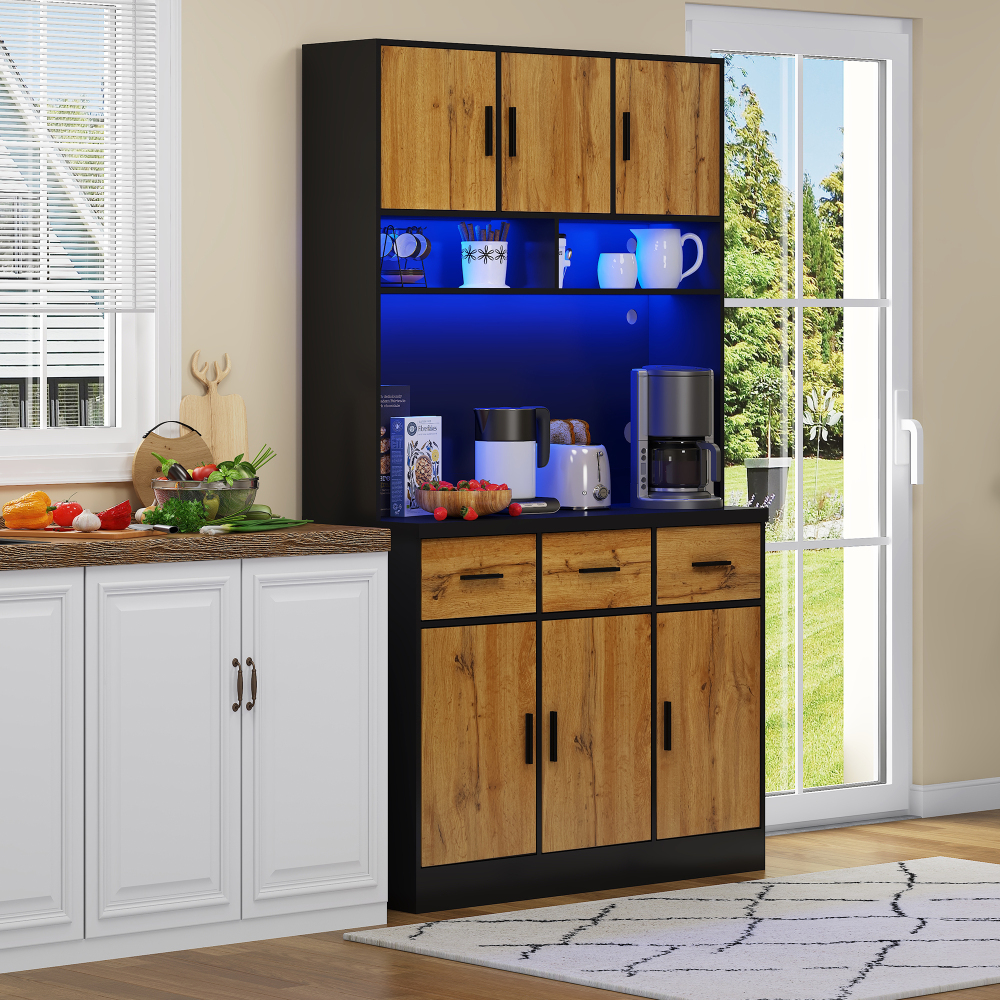 Aparador cocina comedor 6 puertas 3 cajones negro natural 180x100x40cm