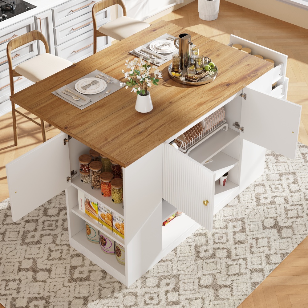 Isla de cocina con mesa plegable y cajones blanco 90x140x40cm