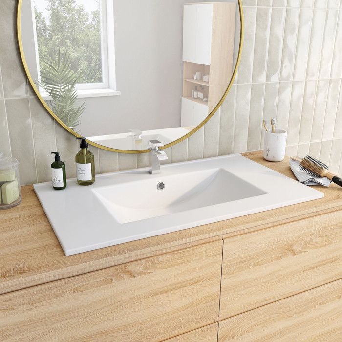 Lavabo rectangular empotrable - cerámica blanca - 81 cm