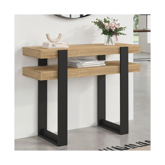 Consola doble industrial de madera negra - 100 cm