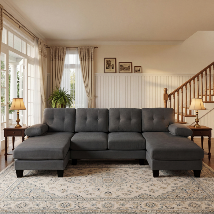 Sofá en u chenilla gris 4 plazas con doble chaise longue