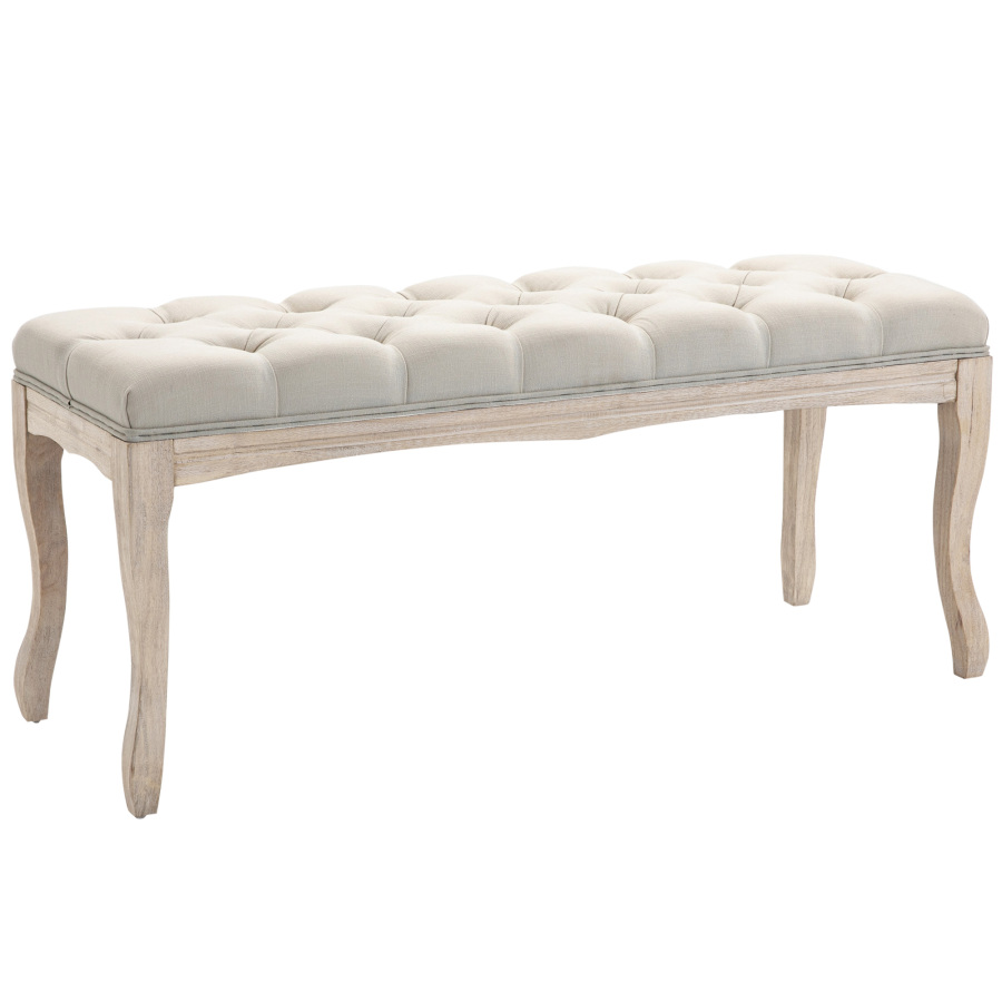 Banco tapizado vintage beige de lino con patas de madera 2 plazas