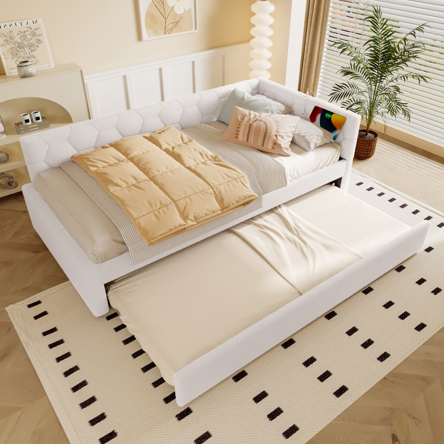 Cama multifuncional 90x200cm con cama nido y usb terciopelo – color blanco