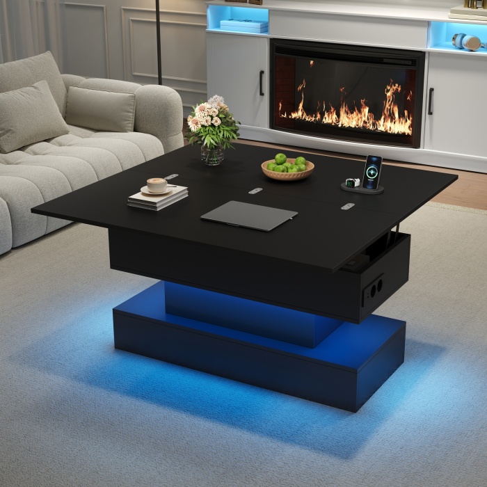 Mesa de centro elevable con luz LED y toma de corriente negra 51,5x100x50cm