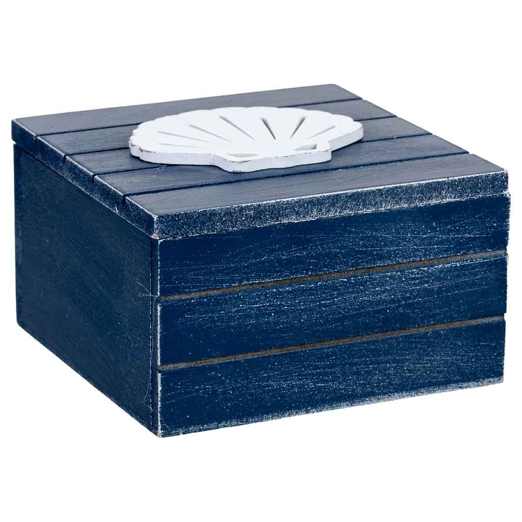 Caja de madera decorativa con concha azul 13.5x13.5x9h cm