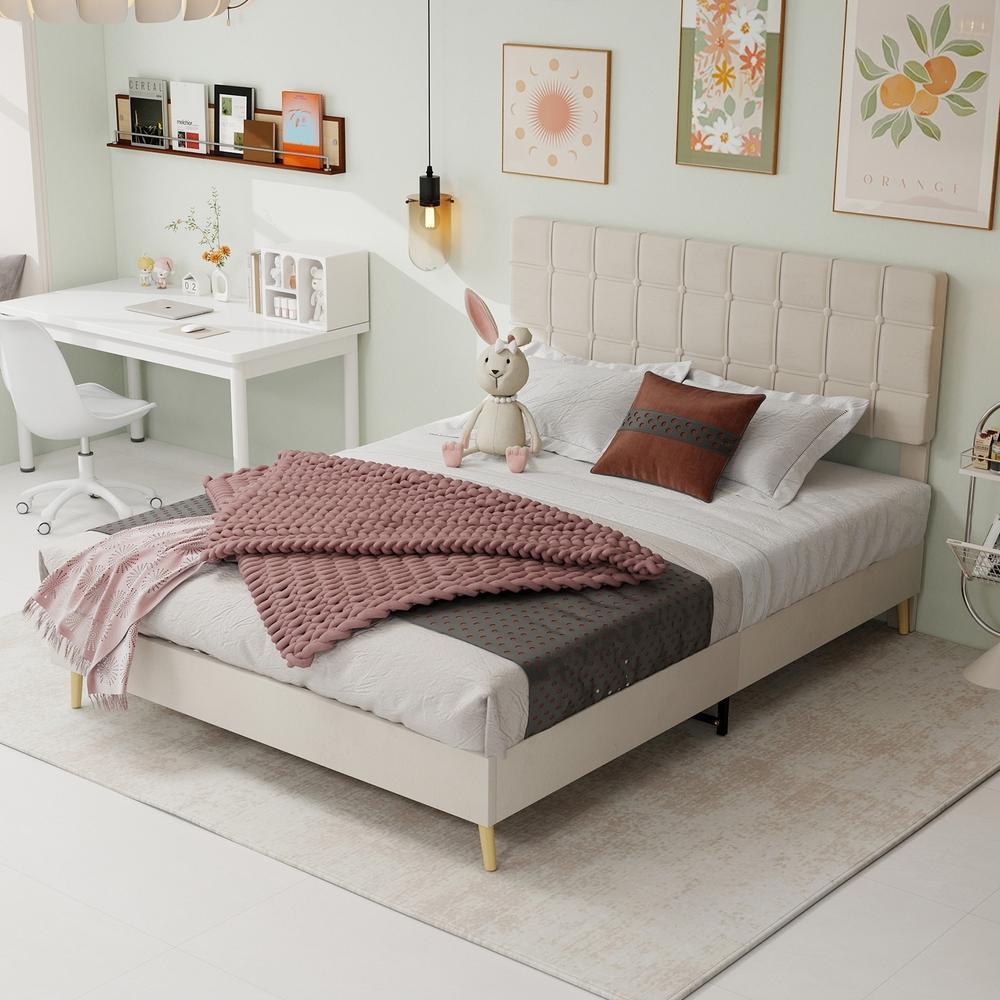 Cama 160x200cm con patas de madera, sin colchón, color beige