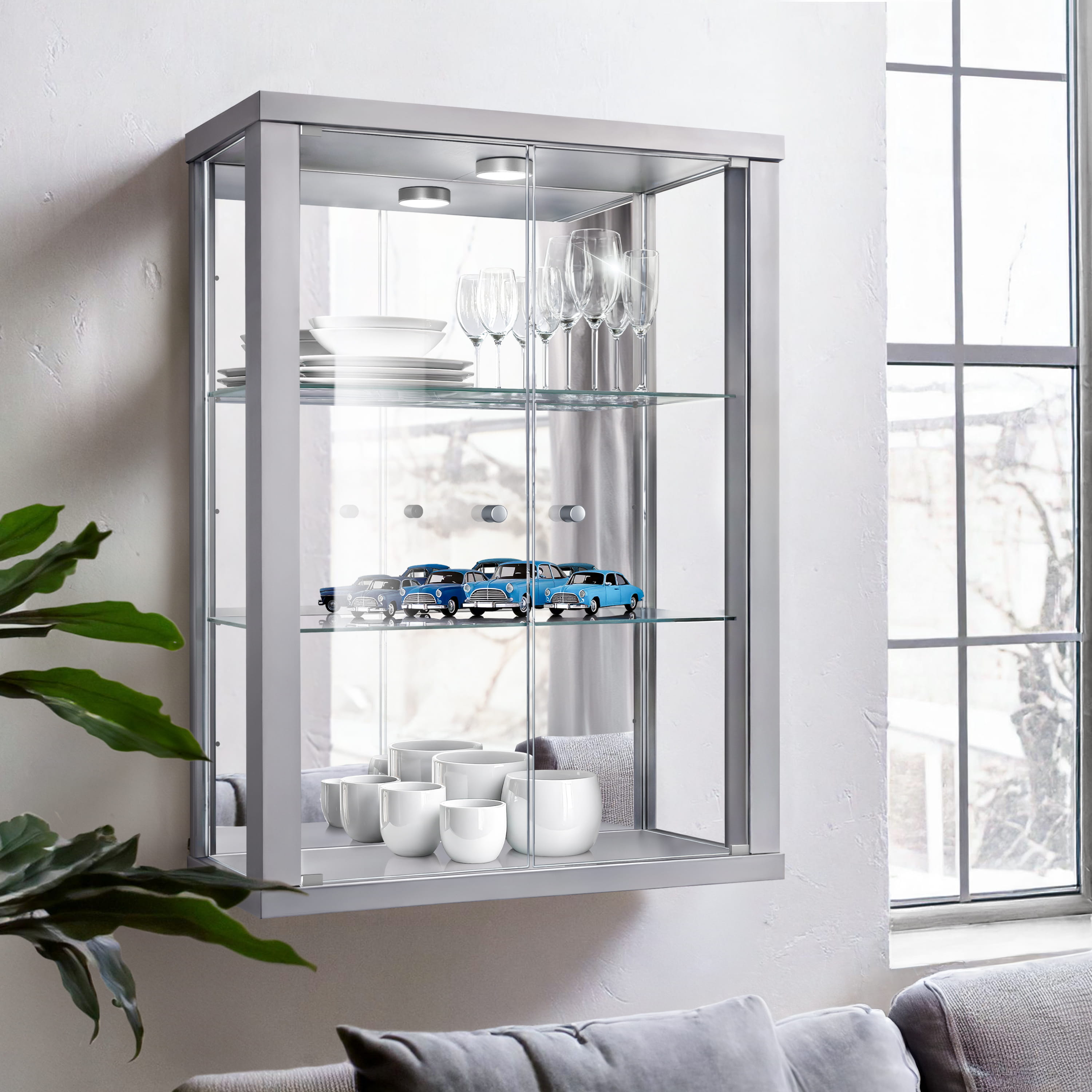 K-möbel vitrina colgante cristal plata (80x60x25 cm) con LED y espejo