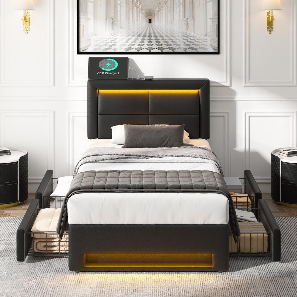 Sofá cama tapizado 90x190cm con 4 cajones y luz LED negro