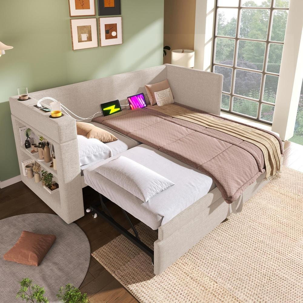 Sofá cama extraíble 90x190cm usb-c, portavasos, beige, sin colchón
