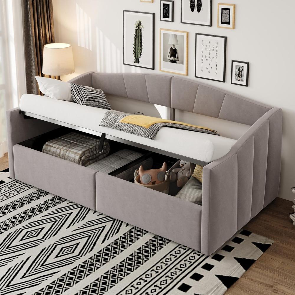 Sofá cama con arcón hidráulico, reposabrazos rayas 90x200cm gris clain