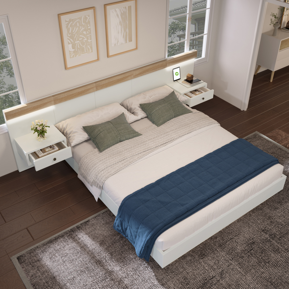 Cama doble 140x200cm con LED y puerto usb madera – blanco y roble sonoma