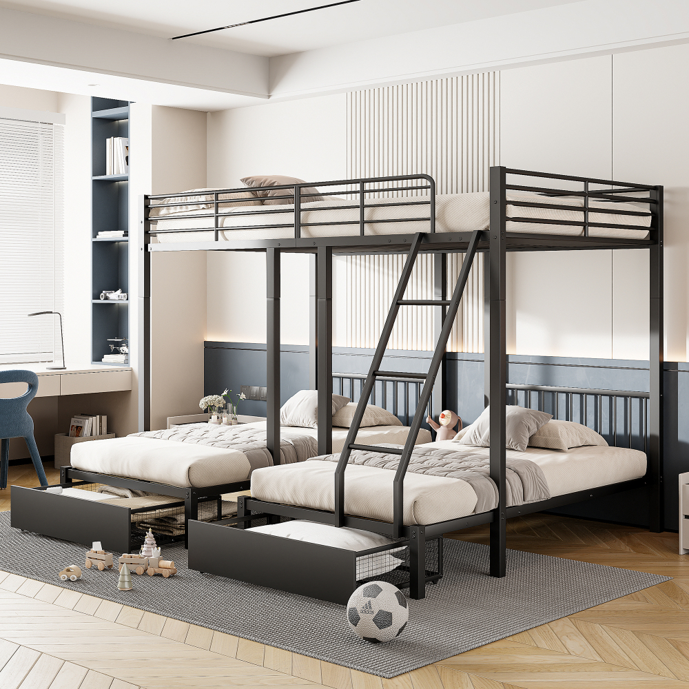Litera con cajones convertible en 140x200cm y 2 camas 90x200cm metal negra