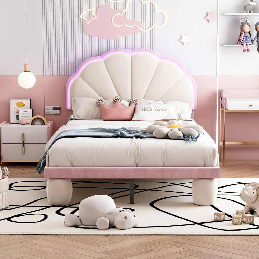 Cama individual 90x200cm con LED y cabecero ondulado terciopelo beige+rosa