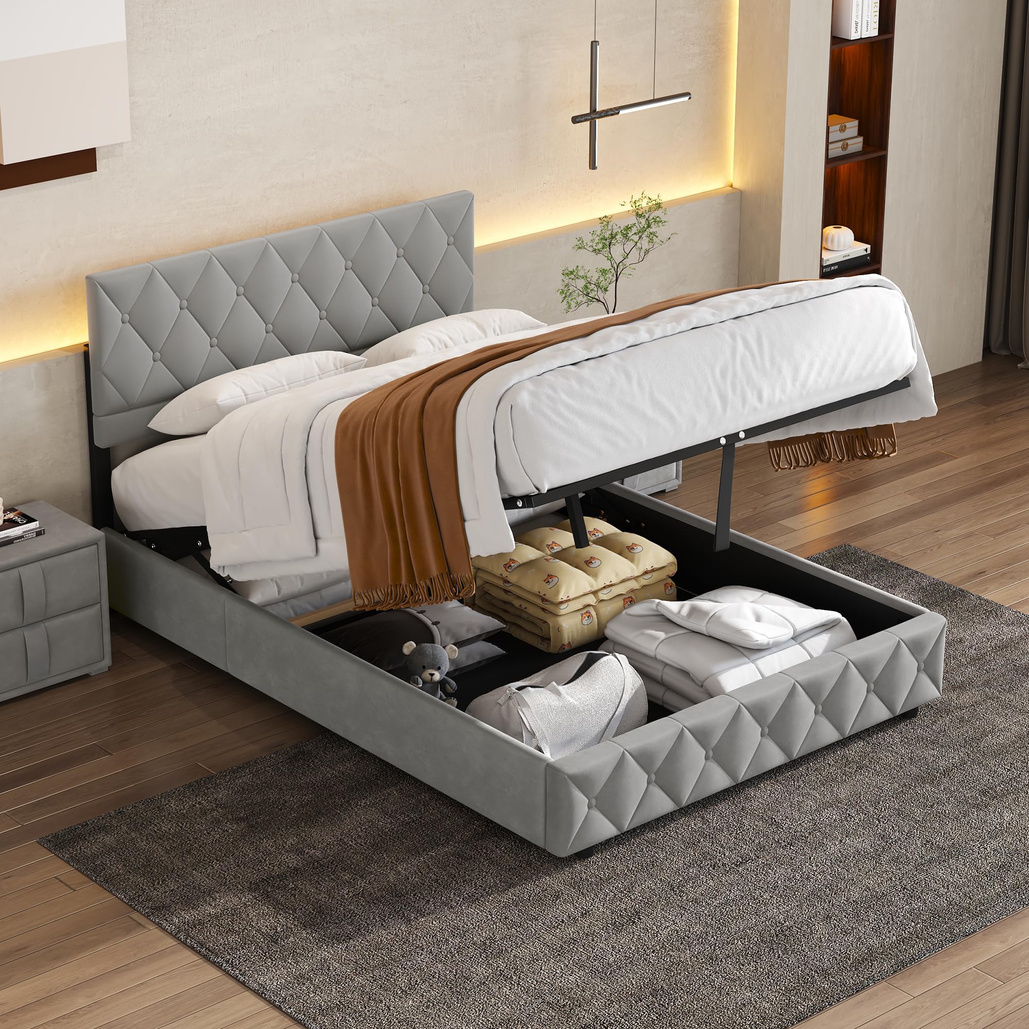 Cama 140x200cm con canapé hidráulico y cabezal acolchado, metal+madera gris