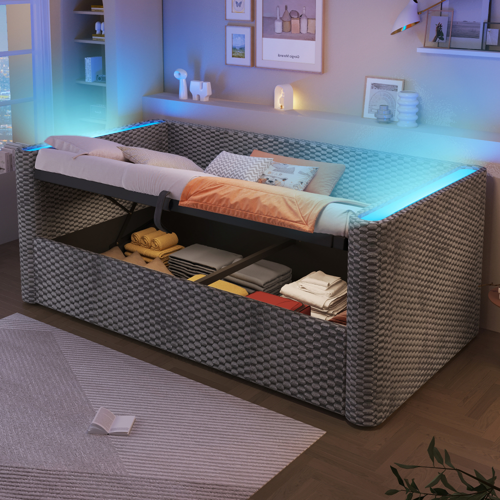 Cama de terciopelo 90x200cm con LED y almacenaje hidráulico – color gris