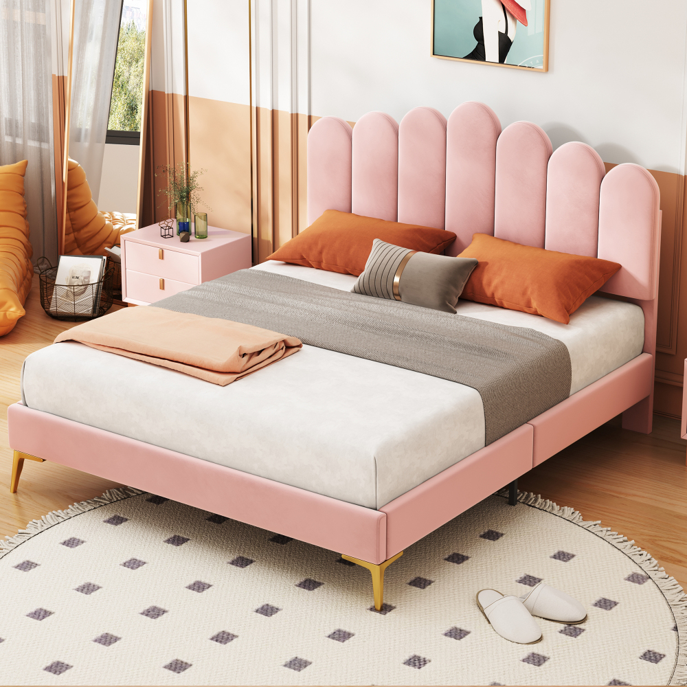 Cama tapizada 140x200 cm con cabecero ajustable y somier terciopelo – rosa