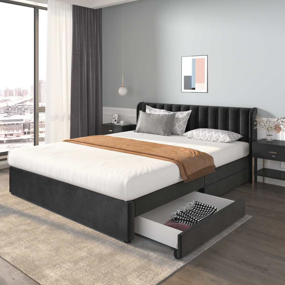Cama tapizada 180x200cm con 2 cajones y somier de láminas terciopelo negro