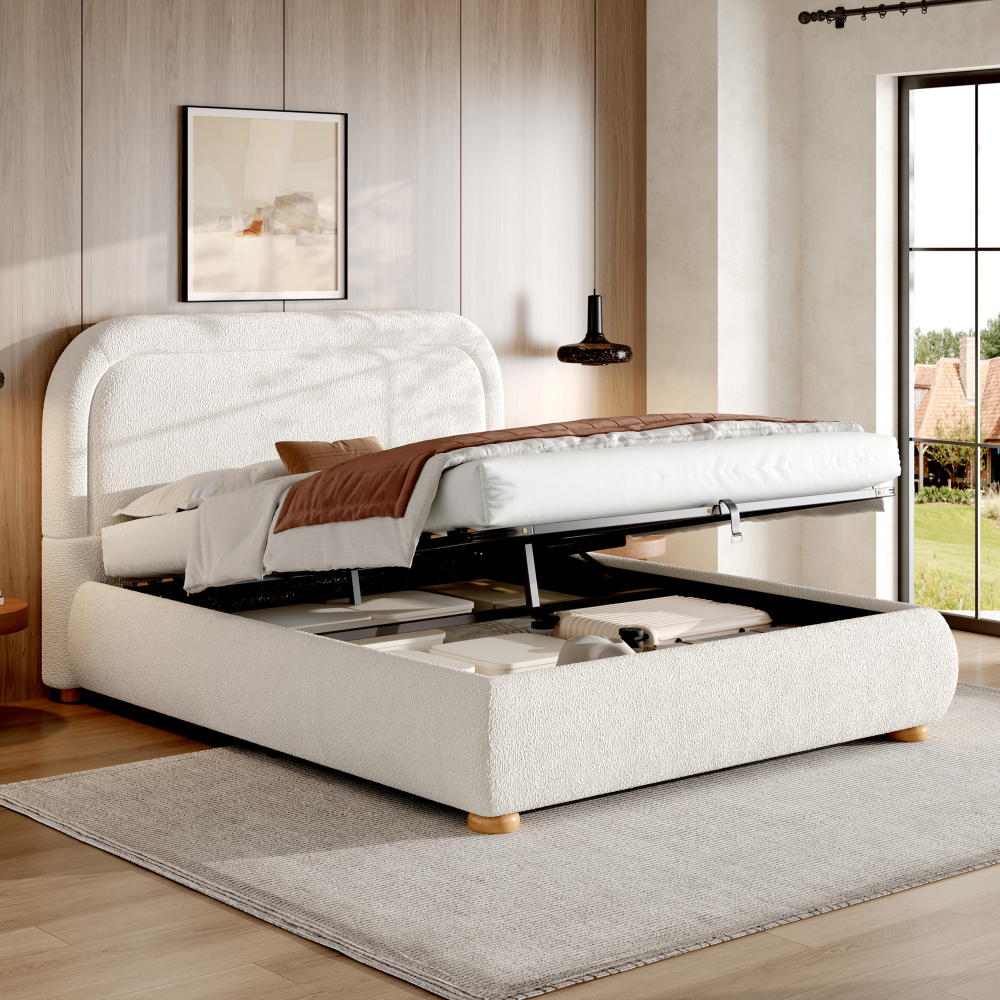 Cama tapizada 160x200 cm con almacenaje y cabecero bouclé – color blanco