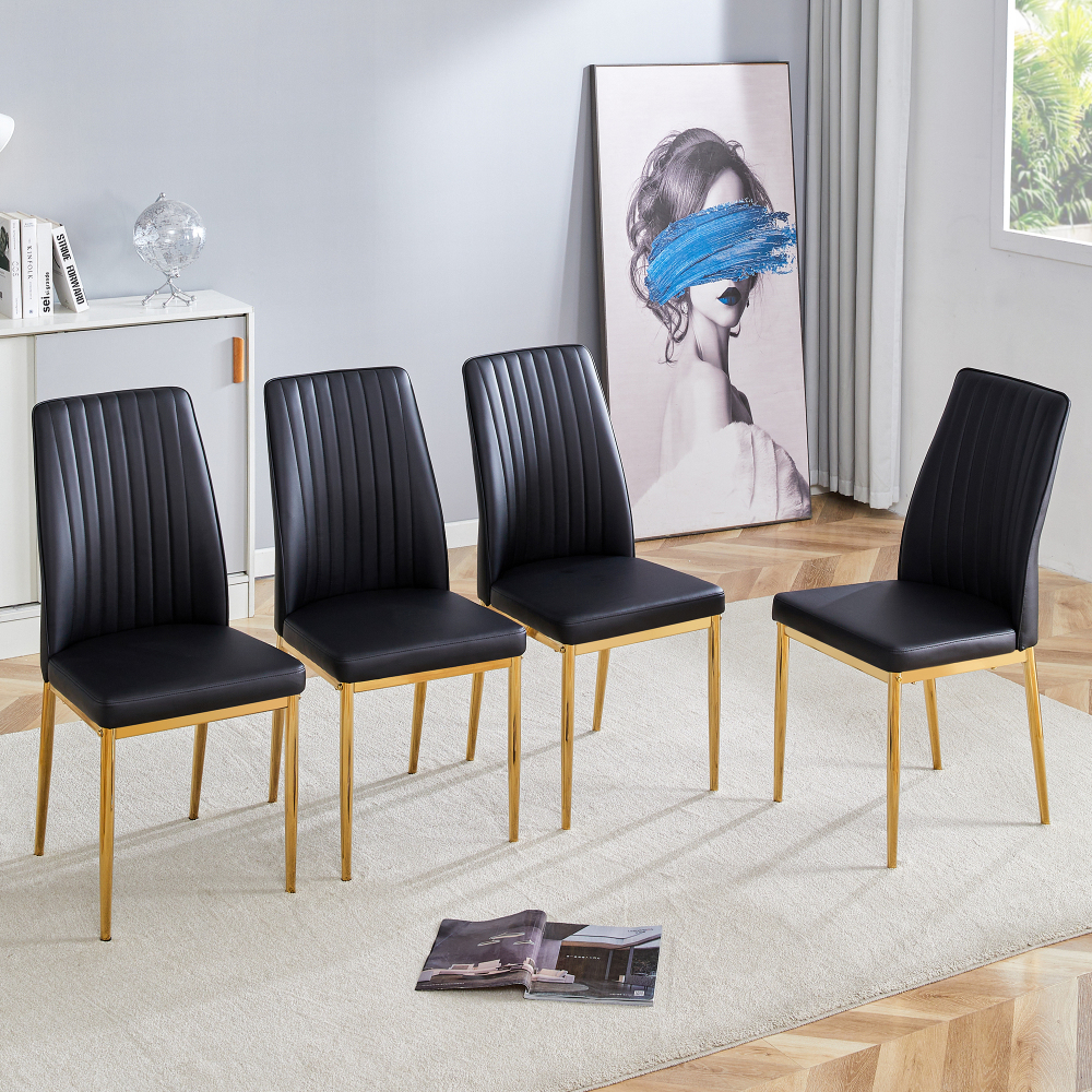 Conjunto de 4 sillas de comedor en piel sintética negra con patas doradas