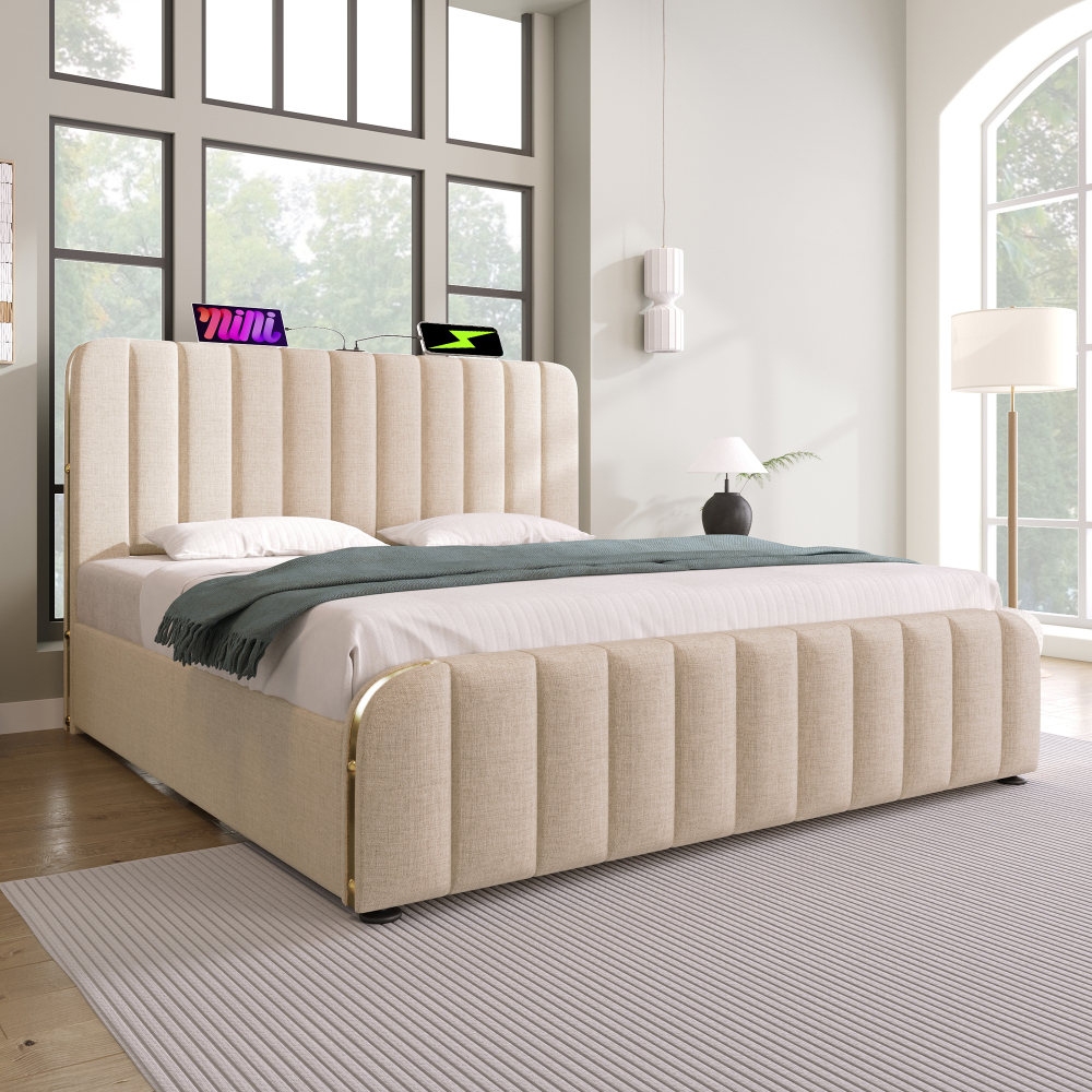 Cama tapizada 140x200cm canapé usb tipo c lino beige con colchón